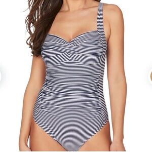 Nip Tuck Women's Size 12 Navy Stripe Twist Front Tummy Control Swimsuit